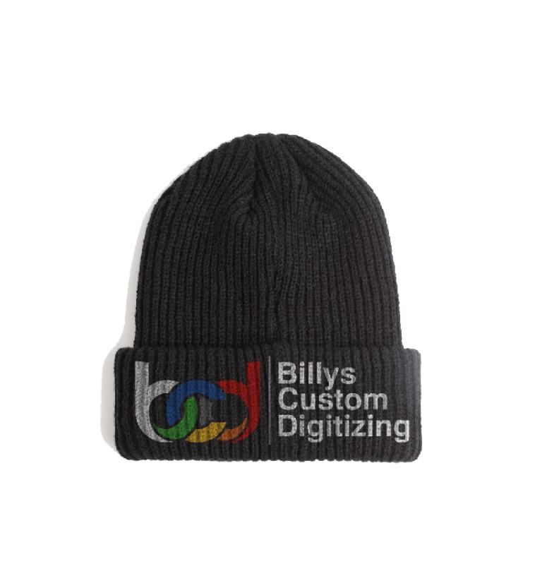 A beanie hat with Billys Custom Digitizing logo