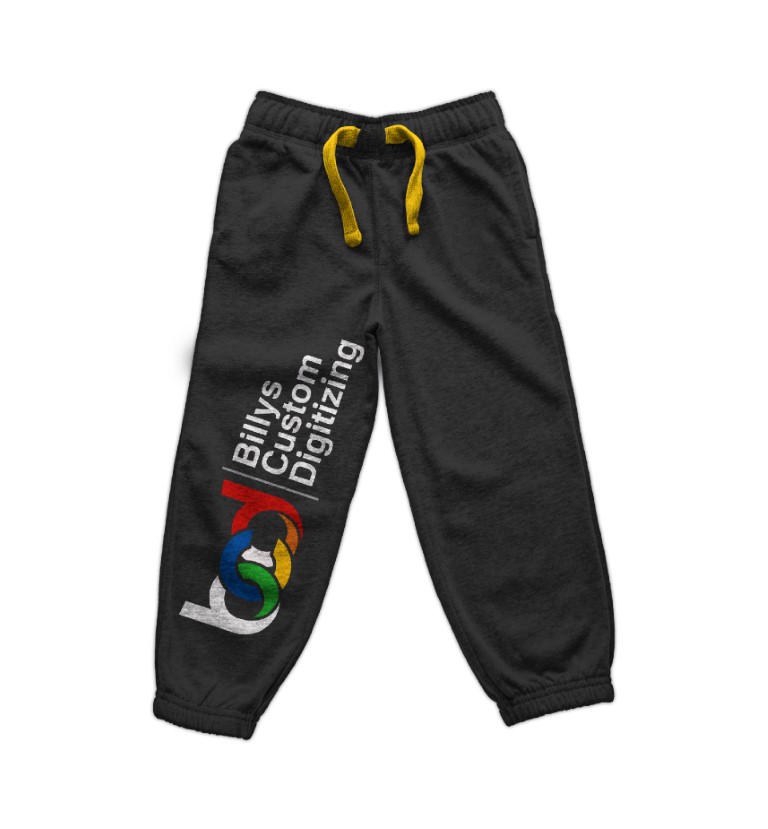 A pair of black trouser with Billys Custom Digitizing logo